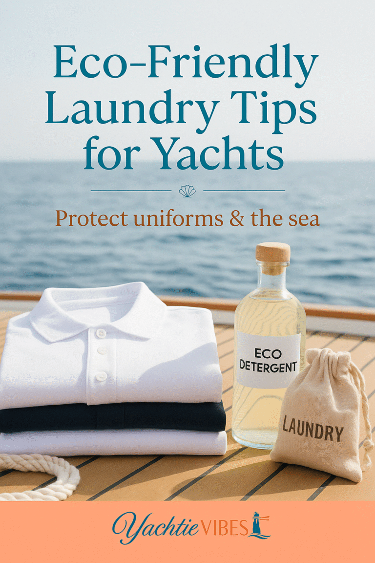 Luxury yacht crew doing laundry with eco-friendly products onboard, folding clean uniforms next to ocean-safe detergent on a teak deck.